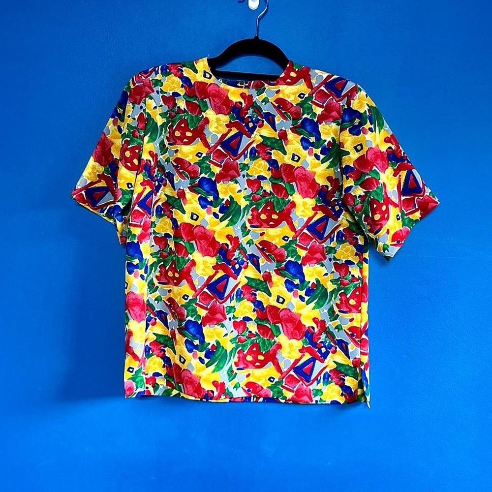 Vintage 90s Blouse Women's Size 6 Red Blue Yellow Yves St. Clair Retro Art Color